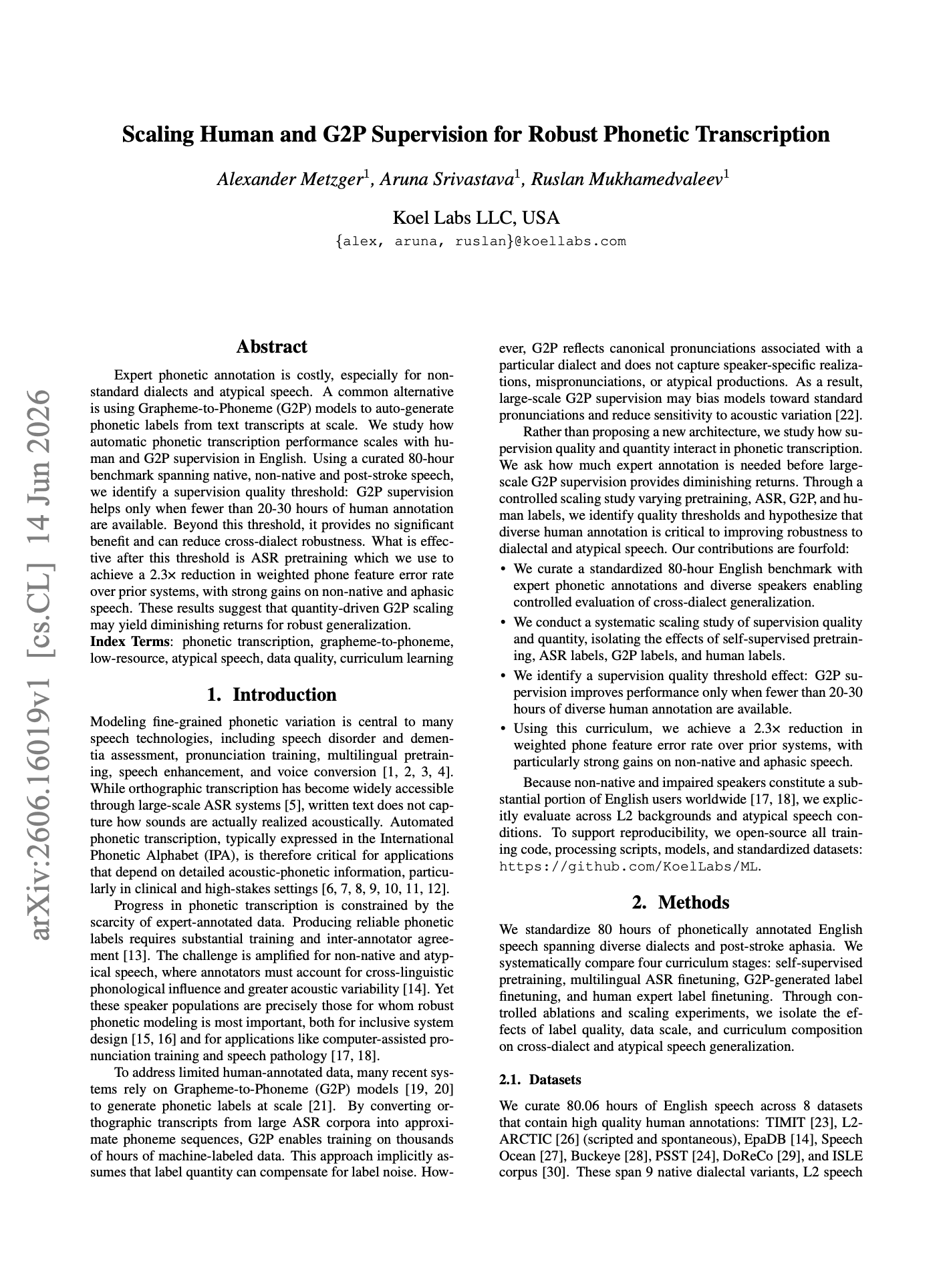 First page of the Interspeech 2026 paper Scaling Human and G2P Supervision for Robust Phonetic Transcription